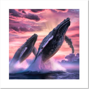 Humpback Whales Breaching at Sunset Posters and Art